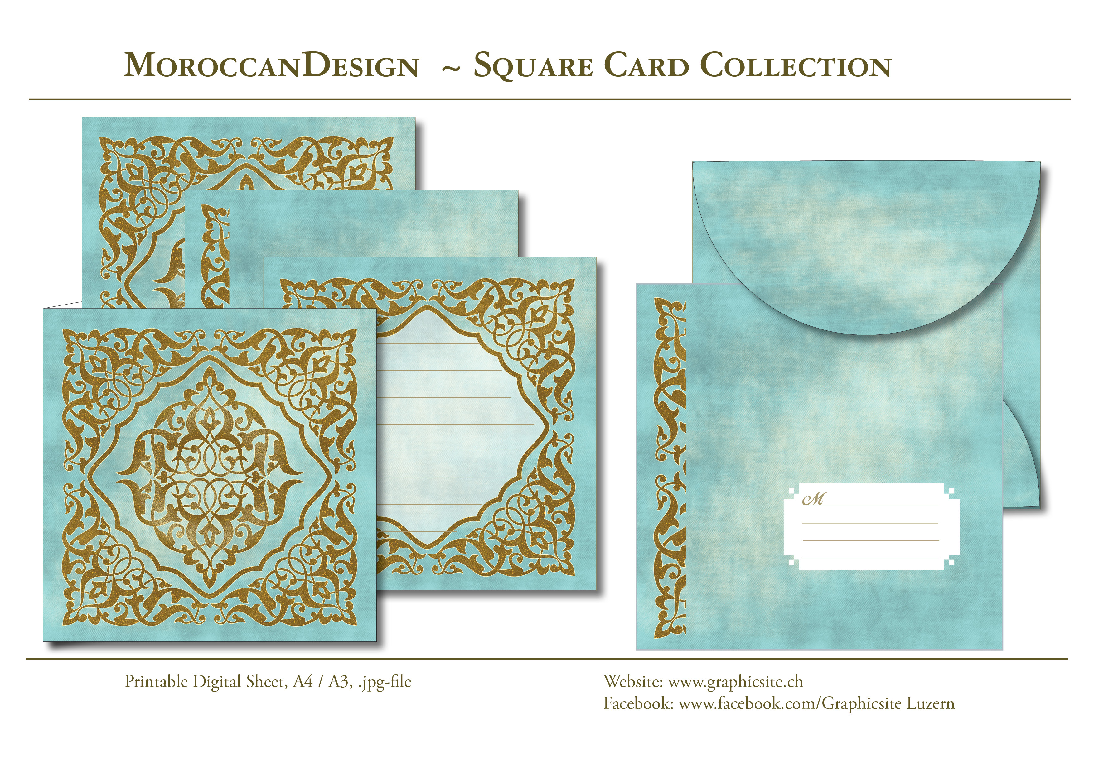 Printable Digital Sheets - Square Card Collection - MoroccanDesign - Oriental, Ornament, Golden, Vintage, Greeting Cards,